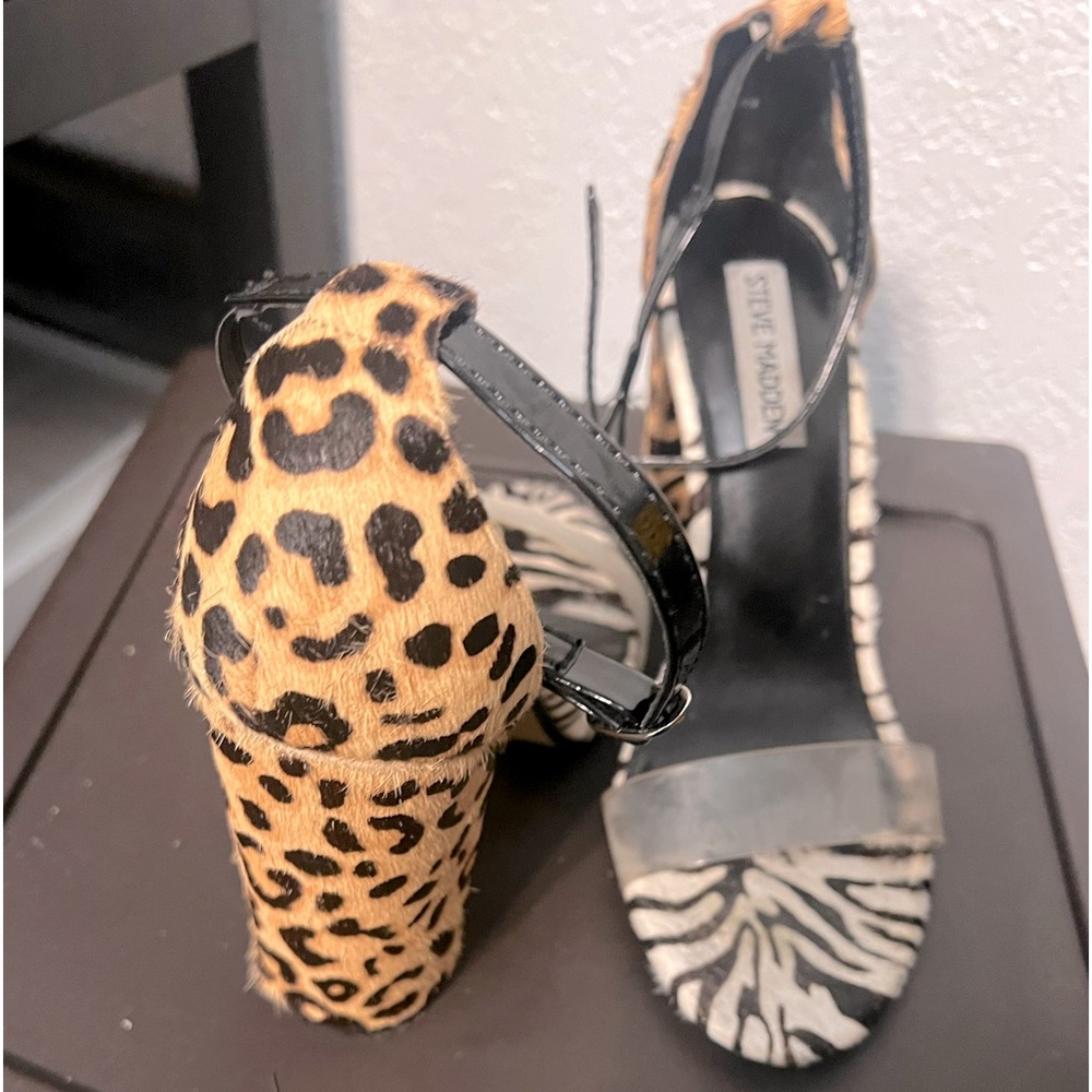 Mixed print, block heel sandals